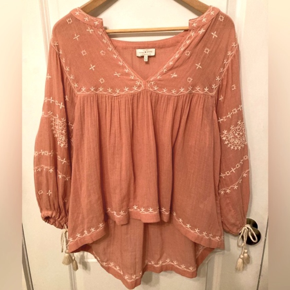Lucky Brand Peach White Embroidered Long Sleeve Top